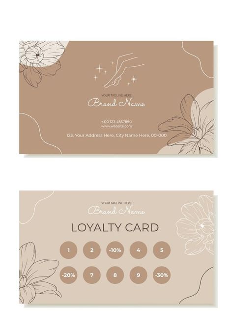 A rustic business and loyalty card template with plants in the outline. Suitable for beauty salons, hair removal masters, massage therapists. Vector Nail Salon Cards Business, Loyalty Cards Ideas Beauty Salons, Massage Cards Ideas, Massage Logo Design Ideas Business Cards, Salon Cards Business Ideas, Beauty Loyalty Card Ideas, Salon Loyalty Cards, Esthetics Business Cards, Massage Business Card