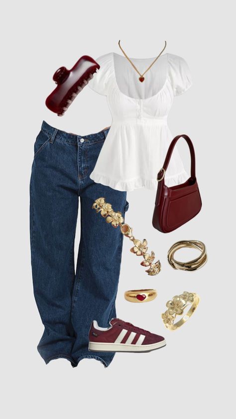 #fit #fitinspo #red #cherryred #gold #outfitinspo #flowers Essentials Clothing, Outfit Inspo Casual, Cute Everyday Outfits, Cute Simple Outfits, Outfit Inspo Fall, Inspiration Mode, Mode Vintage, Lookbook Outfits, Fashion Killa