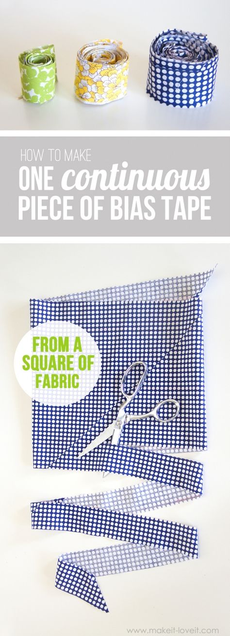 How to make one CONTINUOUS strip of BIAS TAPE (from one square of fabric) | via Make It and Love It Bias Tape Binding, Detail Couture, Sew Ins, Beginner Sewing Projects Easy, Quilt Binding, Leftover Fabric, Creation Couture, Quilting Tips, Bias Tape