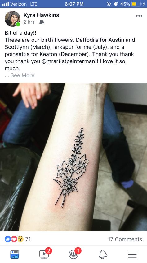 Larkspur And Daffodil Tattoo, Daffodil And Larkspur Tattoo, Poinsettia Tattoo, Larkspur Tattoo, Daffodil Tattoo, Tattoo Inspo, Birth Flowers, Poinsettia, Daffodils