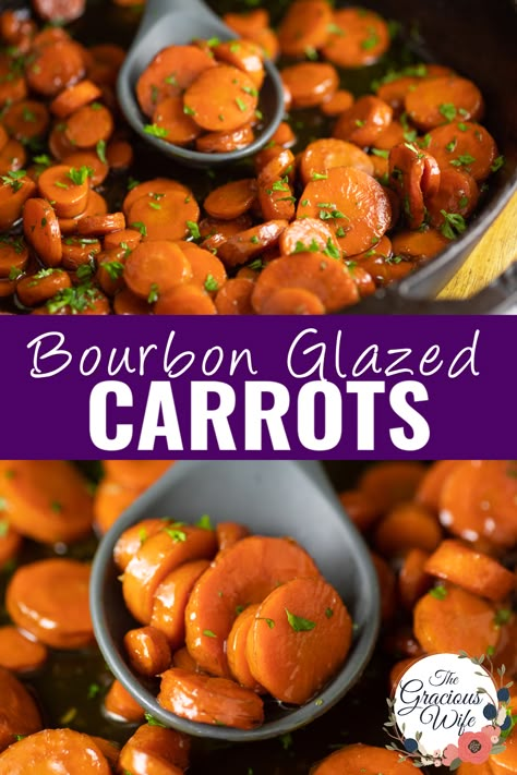 In these quick and easy Bourbon Glazed Carrots, slices of carrots are simmered in a buttery bourbon sauce with brown sugar and garlic. The carrots cook right in the sauce and absorb all of the bourbon sauce flavor, making every bite a savory-sweet delight. Bourbon Carrots, Bourbon Glazed Carrots, Carrots Thanksgiving, Carrots Glazed, Maple Glazed Carrots, Party Side Dishes, Glazed Carrots Recipe, Small Town Woman, Bourbon Glaze