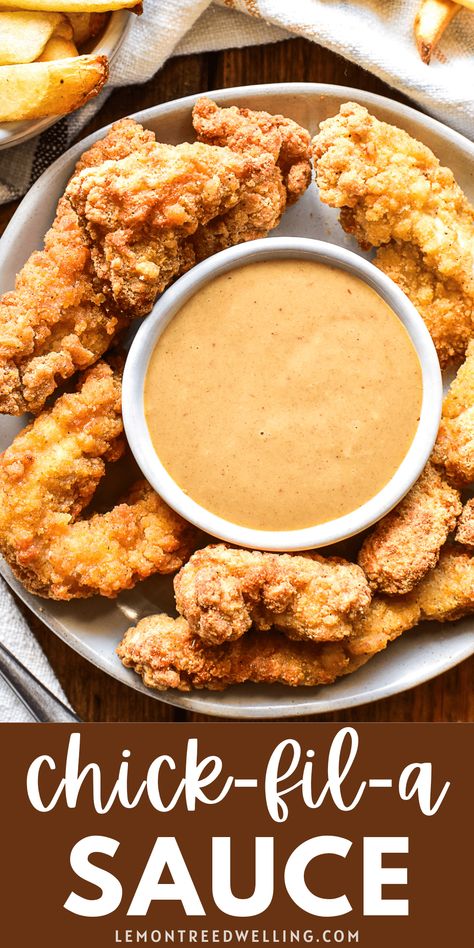 This Copycat Chick fil A Sauce tastes just like the real deal... only better! Plus, it's made with just 4 simple ingredients you're sure to have on hand! Chick Fil A Sauce Recipe, Copycat Chick Fil A Sauce, Dipping Sauces For Chicken, Copycat Chick Fil A, Pesto Dip, Sandwich Sauces, Chick Fil A Sauce, Spicy Brown Mustard, Waffle Fries