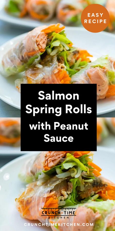 Salmon Spring Rolls. With Text Reading: Salmon Spring Rolls Recipe. Spring Rolls Recipe Rice Paper, Salmon Spring Roll Recipe, Healthy Spring Rolls Recipe, Salmon Spring Rolls, Easy Spring Rolls Recipe, Easy Spring Rolls, Rice Paper Rolls Recipes, Rice Paper Spring Rolls, Healthy Spring Rolls