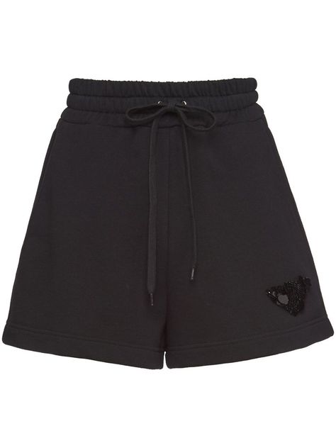 sequin-embellished track shorts from PRADA featuring black, cotton, sequin embellishment, elasticated drawstring waistband and thigh-length. Prada Shorts, Single Clothes, Belted Midi Skirt, Micro Shorts, Tie Waist Shirt, Sequin Embellishment, Tiered Midi Skirt, Satin Trousers, Printed Pleated Skirt