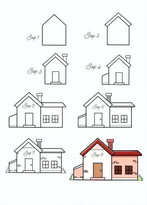 Basic House Drawing, Treehouse Drawing, Sketch Of House, Basic Sketch, House Drawing, Drawing Easy, Easy Step, Tree House, Easy Drawings