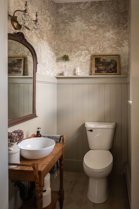 Antique Half Bathroom Ideas, Guest Bathroom Ideas With Wallpaper, Bathroom Half Wallpaper Half Paint, The Wild Decoelis, Cloakroom Panelling And Wallpaper, Cottage Toilet, Bathroom Collage, Powder Room Interior, Cloak Room Ideas