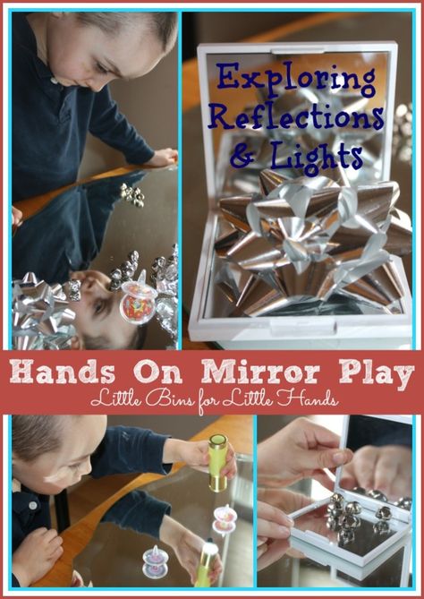 Simple Mirror Activity: Exploring Reflections with Light & Objects {Hands On Play Party} Light Table Provocations, Mirror Activities, Mirror Activity, Provocations Kindergarten, Discovery Table, Stem Art, Simple Mirror, Reflection Activities, Baby Mirror