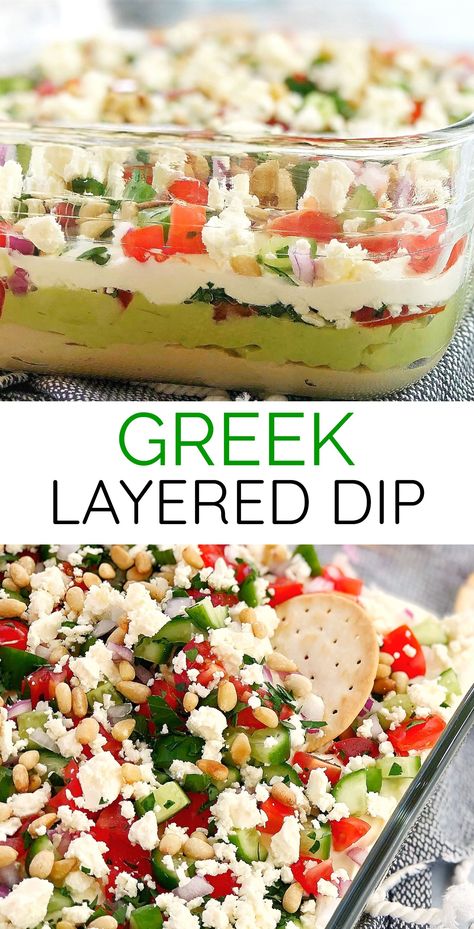 Greek Dip Appetizer, Healthy Dips And Appetizers, Antipasto Ideas, Mediterranean Dips, Avocado Sour Cream, Hummus Avocado, Layered Dip, Greek Dip, Healthy Appetizer Recipes