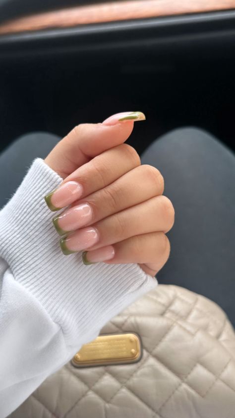 green french tip Olive Green French Tip Nails Short, Khaki French Tip Nails, Green French Nails Square, Olive French Tip Nails, Olive Green French Tip, Olive Green French Tip Nails, Green French Tips, Colored French Nails, Green French Tip