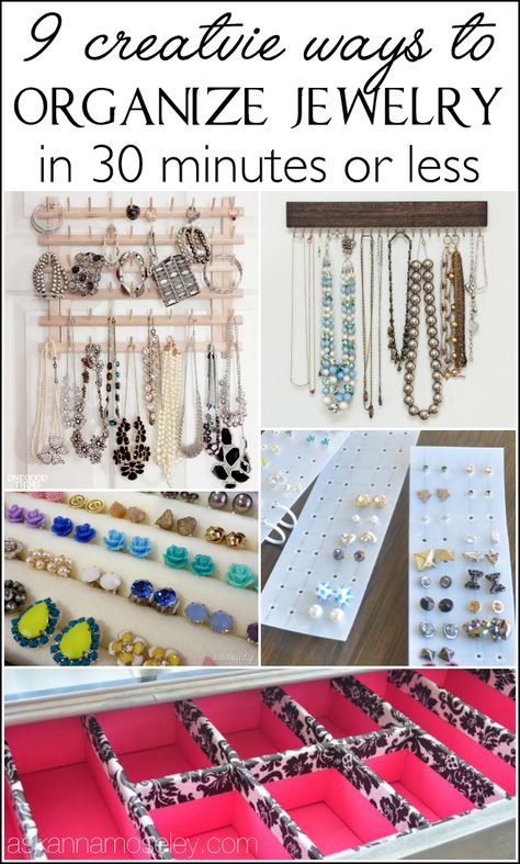 Lots of great tips for how to organize your jewelry in 30 minutes or less | Ask Anna Diy Earring Organizer, Organized Jewelry, Organize Jewelry, Thread Rack, Jewelry Storage Diy, Jewelry Display Organizer, Baby Clothes Organization, Jewelry Organizer Wall, Diy Jewelry Holder