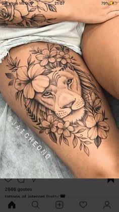 Tattoo Bein Frau, Tattoos Hip, Lions Tattoo, Front Thigh Tattoos, Lion Tattoo On Thigh, Thigh Piece Tattoos, Side Thigh Tattoos, Baby Tattoo, Tattoo Lion