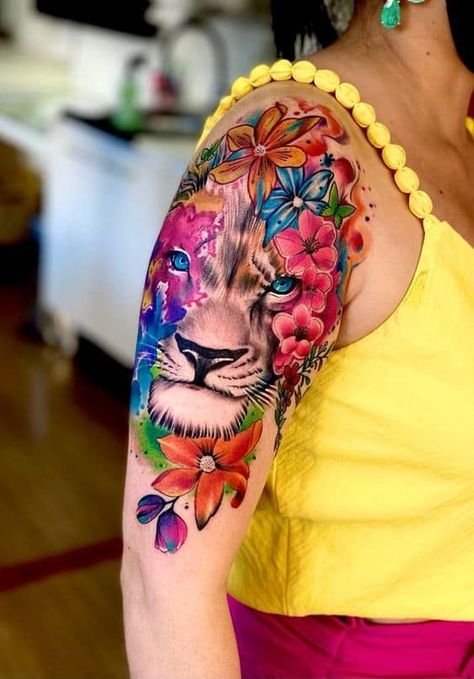 120 Pretty And Girly Half-Sleeve Tattoo Ideas For Females Bright Colorful Tattoos, Lace Sleeve Tattoos, Female Lion Tattoo, Tattoo Ideas For Females, Colored Tattoo Design, Bright Tattoos, Lion Tattoo Sleeves, Tattoos For Women Flowers, Tattoos For Women Half Sleeve