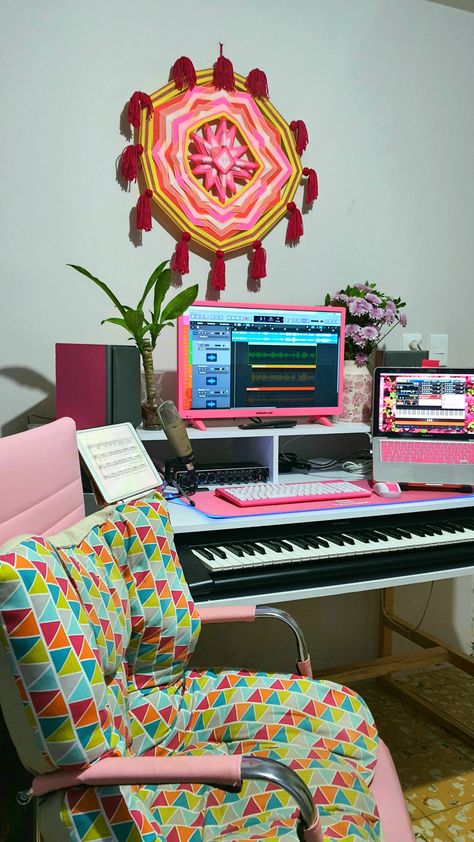 Pink desk set up girly home studio woman producer ideas decor mandala ipad music Girly Music Studio, Pink Music Studio, Fashion Profile Picture, Profile Picture Photoshoot, Video Background Ideas, Channel Aesthetic, Aesthetic Bright, Music Desk, Wfh Office