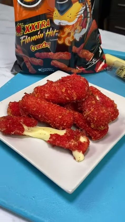 Hot Cheetos Cheese Sticks, Cheetos Cheese Sticks, Hot Cheeto Mozzarella Sticks, Cheetos Recipe, Egg Cracking, Cheetos Cheese, Hot Chips, Fried Lobster, Big Snacks