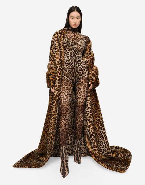 KIM DOLCE&GABBANA Sheer leopard-print jumpsuit in Animal Print | Dolce&Gabbana® Animal Print Boots, Woman Boots, Leopard Print Jumpsuit, Leopard Outfits, Long Faux Fur Coat, Dg Logo, Office Outfits, Coat Fashion, Dolce & Gabbana