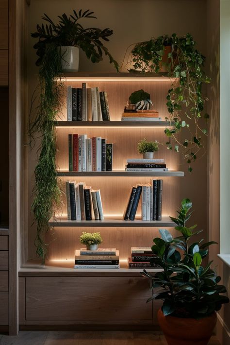 Reimagine your book collection as decor by using illuminated wooden shelves. Pair your books with greenery and earthy accents for a warm, inviting ambiance. #BookshelfGoals #IlluminatedShelves #HomeLibraryInspo #WoodenShelves #NatureInspiredDecor #BookLoversHaven #GreeneryAndBooks #StylishStorage #HomeDesignIdeas #CozyReadingSpace Book Shelves With Plants, Boho Bookshelf Ideas, Plant And Book Wall, Backlit Bookshelves, Plant Bookshelf, Urban Modern Decor, Floating Book Shelves, Hanging Bookshelves, Green Shelves