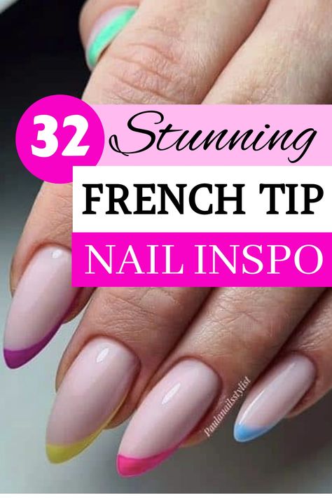 Discover contemporary variations of traditional French nails in these stylish French tip nail designs. Uncover elegant and modern alternatives to the classic white-tipped style that will elevate your nail aesthetic. Enhance your manicure with these chic options for a sophisticated and trendy look that's sure to stand out! Elevate your nail game now. Bright French Tip Nails, Color French Tip Nails, Neon French Manicure, Trendy French Tip Nails, Cute French Tip Nails, Cute French Tip, Color French Tip, Classic Manicure, Tip Nail Designs