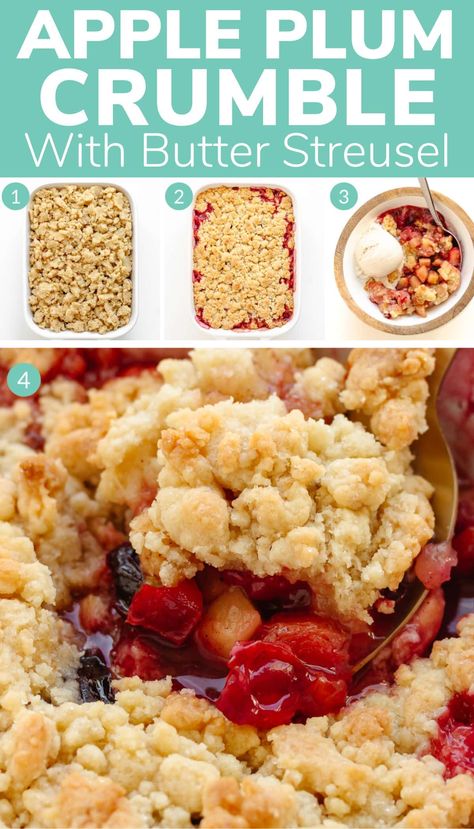 This Plum and Apple Crumble recipe is the perfect late-summer or fall dessert. Chopped up plums and apples are topped with the most delicious butter streusel in this easy-to-make warm fruit dessert. Serve with a scoop of vanilla ice cream, custard or whipped cream and enjoy! | www.mapleandmango.com Plum And Apple Crumble, Ice Cream Custard, Fruit Crumble Recipe, Crumble Recipes, Plum Dessert, Recipe Using Apples, Hot Puddings, Plum Crumble, Fruit Desserts Easy