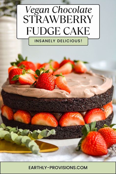 This Vegan Chocolate Strawberry Fudge Cake is the perfect Valentines Day dessert! Moist vegan chocolate cake is layered with rich whipped chocolate fudge and strawberries. Its all topped off with chocolate whipped cream and even more strawberries for a show stopping dessert. Vegan Chocolate Strawberry Cake, Healthy Chocolate Strawberry Dessert, Vegan Cake Frosting, Vegan Cupcake Recipes, Vegan Pies Recipes, Best Vegan Desserts, Vegan Chocolate Cake, Easy Vegan Dessert, Vegan Baking Recipes