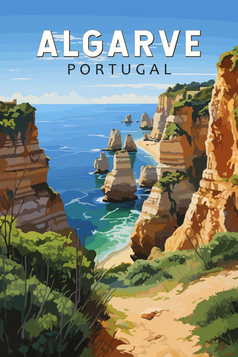 Retro art poster of Algarve, Portugal, showcasing the region's stunning cliffs, beaches, and azure waters in a vintage style. Ideal for home or office decor Portugal Aesthetic Vintage, Vintage Posters Travel, Portugal Postcard, Amazing Illusions, Postcards Aesthetic, Portugal Print, Portugal Design, Alvor Portugal, Portugal Aesthetic