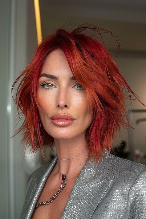 The Trendiest Layered Bob Haircuts of 2024 Rockstar Bob Hair, Red Layered Bob, Red Hair Bob Haircut, Red Hair Bob, Disconnected Layers, Red Bob Haircut, Brunette Tones, Red Bob Hair, Messy Bob Haircut