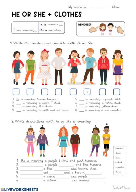 HE or she + CLOTHES - Interactive worksheet Esl Clothes Worksheet, Clothes Worksheet For Grade 1, My Clothes Worksheet, Clothes Worksheets For Kids Activities, Clothes Worksheets For Kids, Clothes Esl, Clothes Worksheet, He And She, English Clothes