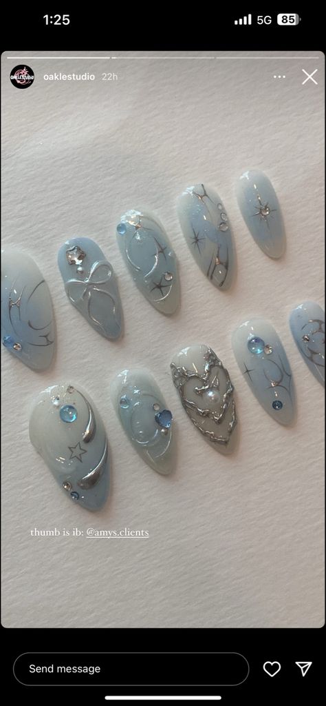 Korean Blue Nails Aesthetic, Txt Blue Hour Nails, Korean Idol Nails, Blue Lock Nails, Enhypen Inspired Nails, Txt Inspired Nails, Blue Korean Nails, Txt Nails Designs, Blue Y2k Nails