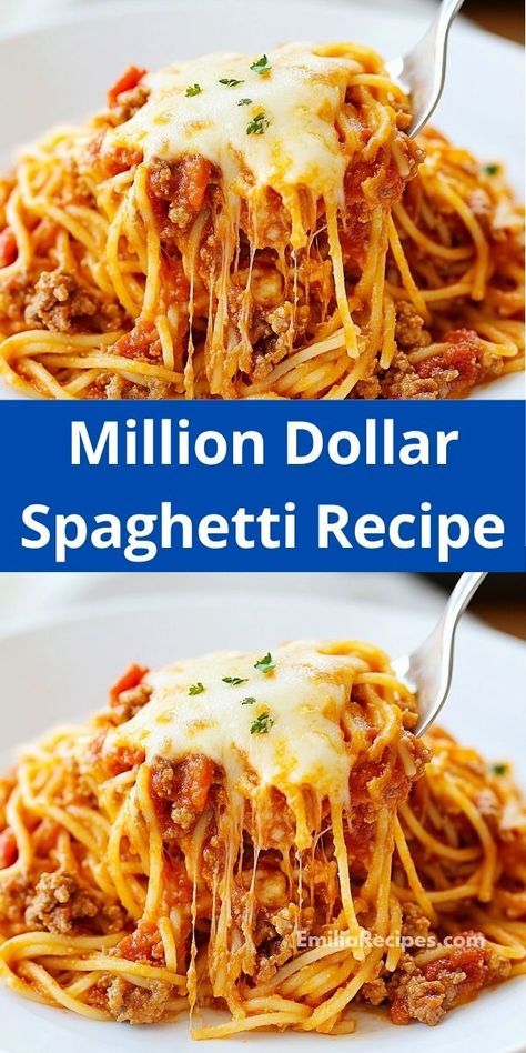 Craving a comforting dish that’s easy to make? This Million Dollar Spaghetti Recipe combines rich flavors with minimal prep time. Perfect for busy weeknights, it's a hit for family gatherings or casual dinners. Million Dollar Spaghetti Recipe, Cheesy Baked Pasta, Baked Pasta Dishes, Million Dollar Spaghetti, Cheese Spaghetti, Baked Pasta, Spaghetti Recipe, Crowd Pleasing Recipes, Baked Spaghetti