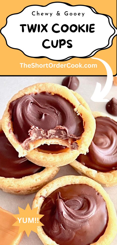 A pile of cookie cups filed with caramel and chocolate. Muffin Tin Recipes Dessert, Twix Candy Bar, Homemade Sugar Cookie Dough, Twix Cookie, Mini Muffin Tin Recipes, Twix Candy, Hot Chocolate Cookies Cups, Sugar Cookie Cups, Cookie Cups Recipe