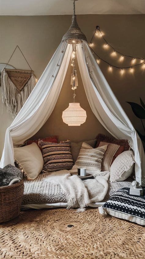 Featuring a floor cushion nook or daybed, a hanging light with a soft glow Corner Bed Canopy, Boho Corner, Chill Spot, Boho Bedrooms, Bed In Corner, Boho Style Bedroom, Cozy Boho, Room Book, Bed Canopy