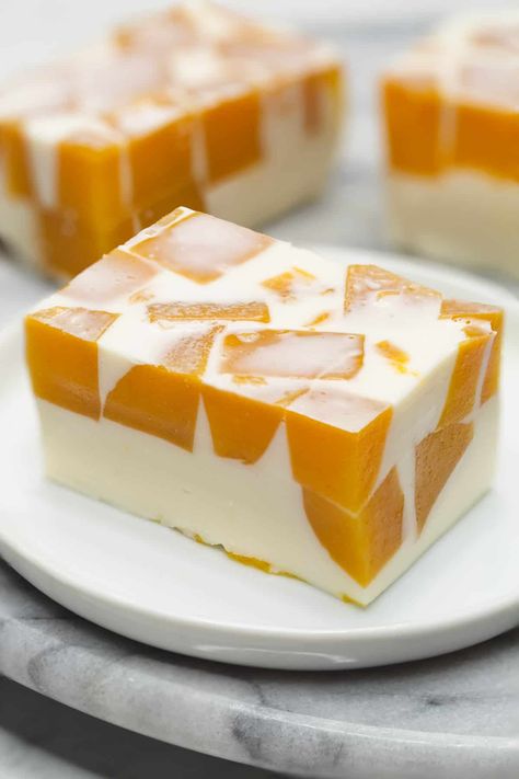 Mango Gelatin Recipe - Recipes by Nora Creamy Gelatin Desserts, Filipino Gelatin Desserts, Coconut Milk Jello Recipes, Peach Gelatin Dessert, Mango Jello Desserts, Coconut Gelatin Recipes, Coconut Jello Recipe, Mango Gelatin Dessert, Mango Jelly Desserts