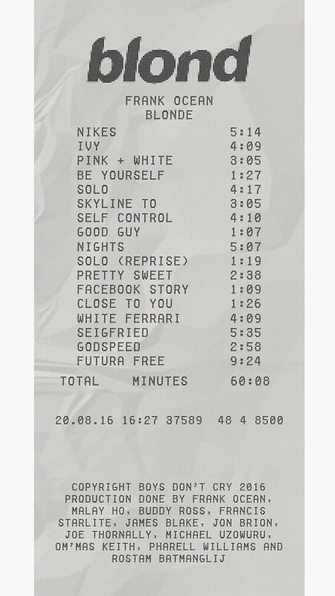 frank ocean blonde album receipt Tas Vintage, Frank Ocean Wallpaper, Photowall Ideas, Bedroom Wall Collage, Plakat Design, Blog Logo, Ocean Wallpaper, Picture Collage Wall, Images Esthétiques