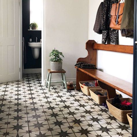 Star Floor Tiles, Baskets On Wall For Storage, Diy Boy Bedroom, Basket On Wall, Wall Bench, Tiled Hallway, Pattern Tiles, Victorian Tiles, Patio Tiles