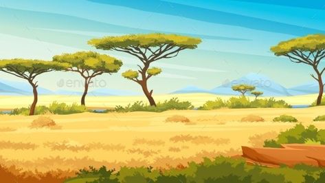 African Savannah Landscape Green Trees Mountains African Savannah Landscape, Savanna Landscape, Safari Illustration, Savannah Landscape, Jungle Plants, Animation Classes, African Savannah, Forest Illustration, Illustration Poster