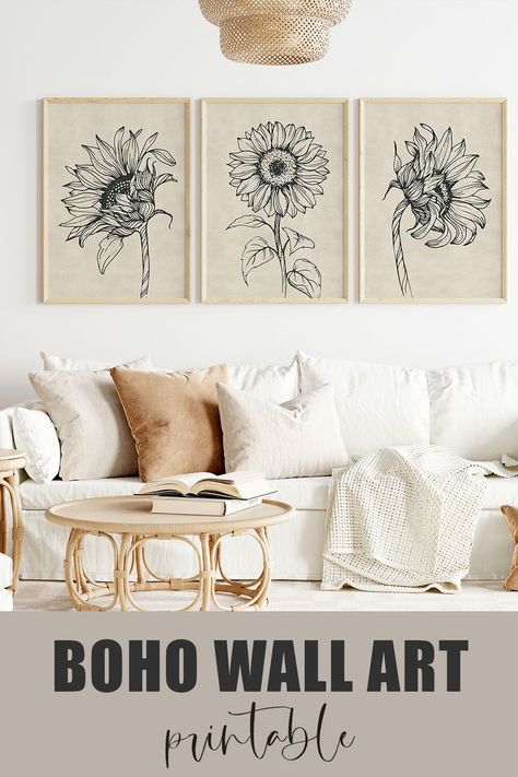 Set of 3 rustic wall prints in neutral colours. Great decoration for the living room or bedroom. The design of beautiful sunflowers adds a touch of romance to the setting. Sunflower Printable, Beautiful Sunflowers, Sunflower Wall Art, Neutral Colours, Rustic Wall, Rustic Walls, Wall Art Pictures, Floral Wall Art, Boho Wall Art