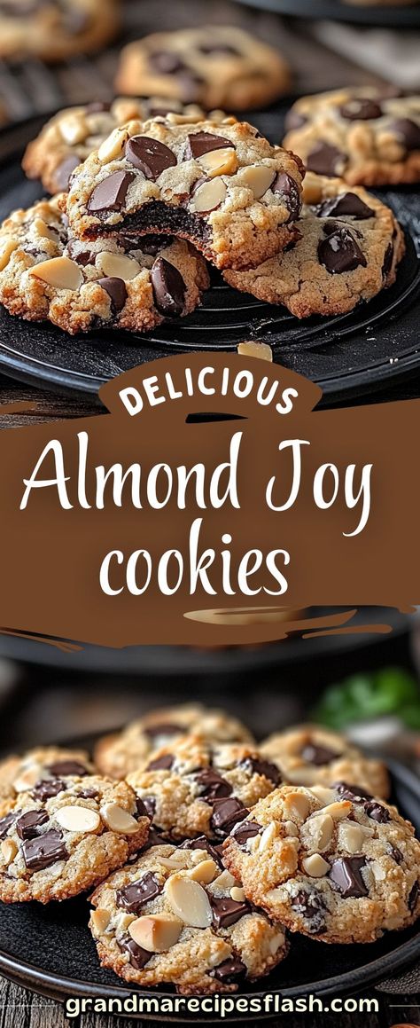 These Almond Joy Cookies are a perfect blend of coconut, almonds, and chocolate—just like the classic candy bar! Easy to make and irresistibly delicious, they're a treat everyone will love Homemade Almond Joy Bars, Almond Joy Cookies Best, Almond Joy Magic Cookie Bars, Almond Joy Cookies Recipe, Almond Joy Cookies 4 Ingredients, Mounds Cookies, Coconut Almond Cookies, Almond Joy Bars Recipe, Coconut Almonds