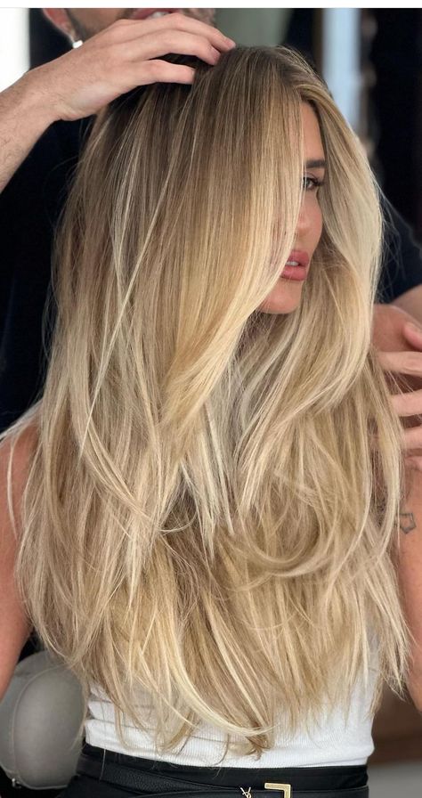 Long Hair Dimensional Layers, Aussie Blonde Hair, Brunettes Go Blonde, Long Natural Layers, Ribbon Blonde Balayage, Long Layers Honey Blonde, Call Bronde Hair, Blonde Hair On Brunettes Summer, Bright Golden Blonde Hair Balayage