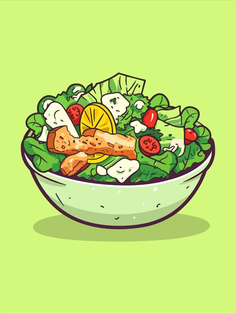 Caesar Salad Drawing, Salad Drawing Illustration, Food Illustration Art Graphics, Food Illusion, Barcelona Drawing, Salad Illustration, Salad Drawing, Food Clip Art, Salad Design