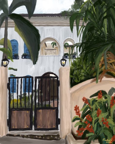 White French House with blue windows and tropical plants palm trees Disney Movie Art, Cottage Painting, Painting Fine Art, French Cottage, Disney Movie, Create Art, Beach Art, Movie Art, Goa