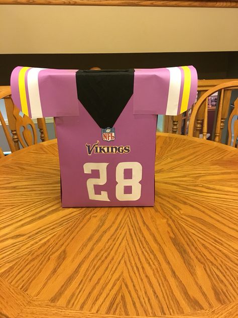 Vikings Valentine box. Minnesota Vikings Valentines Boxes, Vikings Valentines Boxes, Football Jersey Valentines Boxes, Football Shaped Valentines Boxes, Hockey Valentines Boxes, Fortnite Drop Box Valentines Boxes, Basketball Valentine Boxes, Cricut Valentines, Kids Valentine Boxes