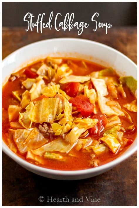 All the taste of cabbage rolls with none of the work. This stuffed cabbage soup is easy to make, feeds a crowd and is a delicious  and hearty one pot meal you'll love. #cabbagerolls #souprecipe #easyrecipe Cabbage Soup Diet Plan, Cabbage Soup Diet Recipe, Cabbage Roll Soup, Soup With Ground Beef, Cabbage Soup Diet, Stuffed Cabbage, Hamburger Steak, Oreo Brownies, Keto Soup