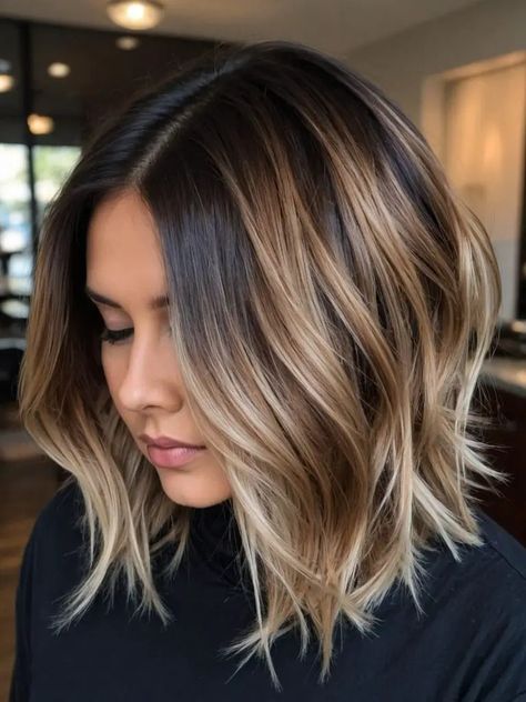 Short Hair Ombre Brunette, Hair Color Ideas To Hide Gray Roots, Light Hair Colors For Brunettes, Rebecca Jarvis Hair, Bob Haircut With Balayage, Bronze Lob Hair, Light Brown Hair With Highlights Curtain Bangs, Trending Summer Hair 2024, Balayage Hair Brunette With Blonde Shoulder Length