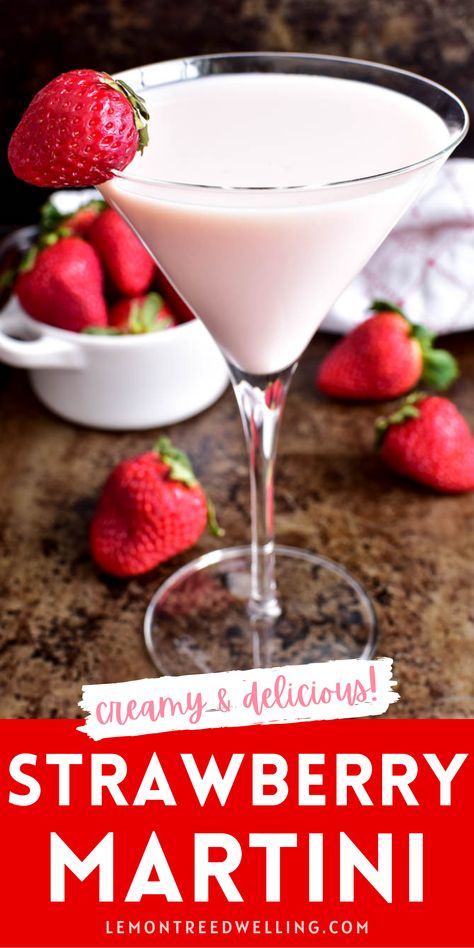 This Strawberry Shortcake Martini is the ultimate dessert drink and perfect for Valentine's Day! Made with just 3 simple ingredients, it's sweet, creamy, and packed with yummy strawberry flavor. Strawberry Cream Liquor Recipes, Strawberries And Cream Martini, Strawberry Cheesecake Martini, White Chocolate Strawberry Martini, Homemade Strawberry Daiquiri, Elegant Drinks, Alcohol Treats, Fun Party Drinks, Strawberry Flavor