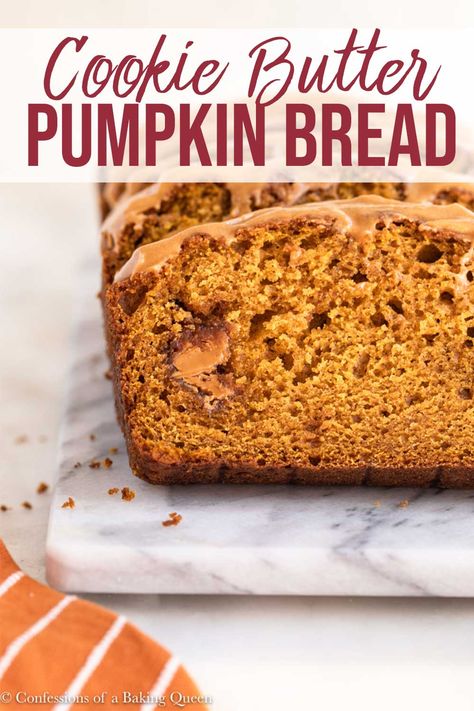 This easy Cookie Butter Pumpkin quick bread recipe is perfect for enjoying a fall afternoon or served at your Halloween or Thanksgiving event! Cookie Butter chunks are swirled inside moist Pumpkin Bread drizzled with a Cookie Butter Glaze. Step-by-step photos help you make this quick bread! #cookiebutter #pumpkin #pumpkinbread #cookiebutterglaze Quick Bread Recipes Easy, Dessert Hacks, Homemade Strawberry Sauce, Butter Glaze, Fall Afternoon, Moist Pumpkin Bread, Autumn Food, Trifle Pudding, Baking Stuff