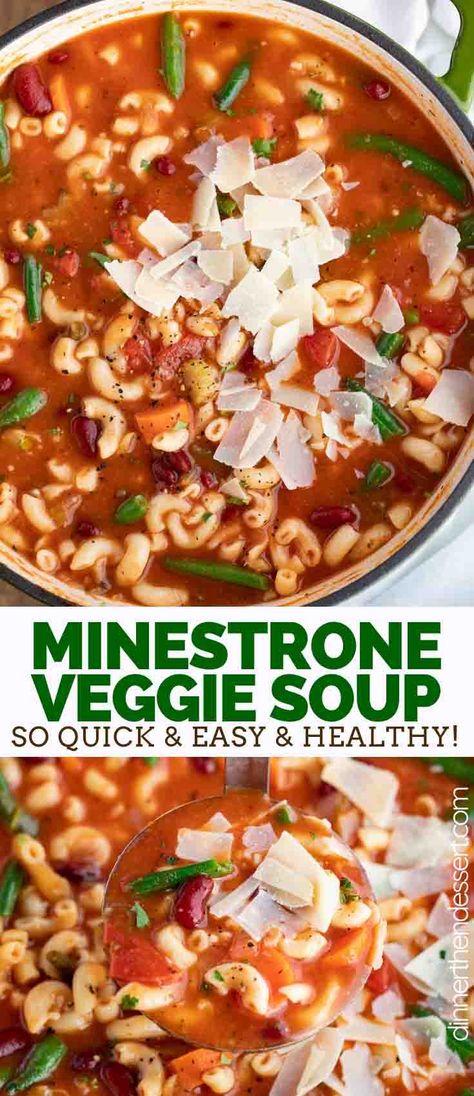 Classic Minestrone Soup is a ONE POT recipe made with cut up vegetables, seasoned broth, elbow pasta, and grated parmesan cheese, ready in under 30 minutes! #soup #stew #minestrone #pasta #Italian #vegetable #stovetop #quick #homemade #dinnerthendessert Pasta With Elbow Noodles, Elbow Noodle Soup, Elbow Pasta Recipes, Angel Biscuits, Dinner Then Dessert, Elbow Pasta, School Dinners, Winter Soup, Macaroni Recipes