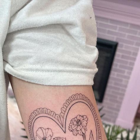 Amy 💖Supersweet Tattoos LA💖 on Instagram: "Lacy heart with poppy and marigold! . . . . . . . . . . #lacettatoo #hearttattoo #armtattoo #flowertattoo #floraltattoo #botanicaltattoo #marigoldtattoo #poppytattoo #californiapoppytattoo #cutetattoo #finelinetattoo #tattoo #tattooartist #losangelestattooartist #losangelestattoo #supersweettattoo #tattooideas #echoparktattoo" Marigold Stamp Tattoo, Marigold Fine Line Tattoo, Marigold Memorial Tattoo, Neo Traditional Marigold Tattoo, California Poppy Stamp Tattoo, California Poppy Tattoo, Marigold Tattoo, Los Angeles Tattoo, Poppies Tattoo