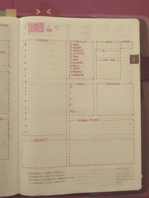 My Daily Set Up.  Now on my 2nd month on the Hobonichi I continue to work on the template for the daily pages. Hobonichi Cousin Monthly Layout Ideas, Hobonichi Daily Pages, Hobonichi A6 Layout, Hobonichi Original Layout Ideas, Hobonichi Daily Layout, Hobonichi Monthly Spread, Hobonichi Cousin Daily Layout Ideas, Hobonichi Cousin Monthly Layout, Hobonichi Cousin Setup