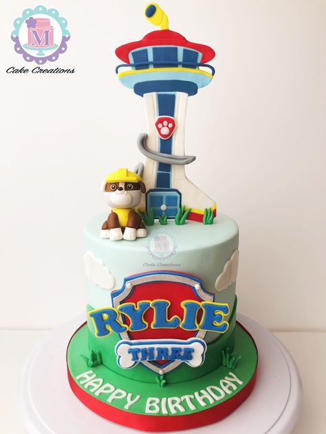 Paw Patrol Tower, Birthday Paw Patrol, Paw Patrol Birthday Theme, Diy Cakes, Paw Patrol Birthday Cake, Boy Cakes, Cake Tower, 5th Birthday Cake, Rubble Paw Patrol