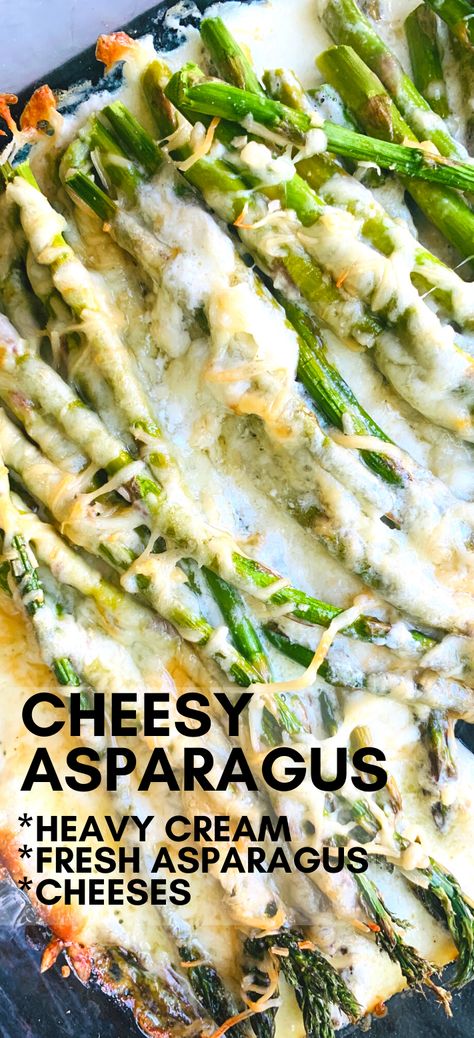 Cheesy Asparagus oven baked with garlic, heavy cream, and cheese for a delicious ooey, gooey and perfect side dish that is keto friendly and ready to be devoured.  #asparagus #recipeoftheday Cheesy Baked Asparagus, Cheesy Asparagus, Asparagus Side Dish, Salty Side Dish, Asparagus Recipes Oven, Best Asparagus Recipe, Asparagus Casserole, Asparagus Dishes, Grilled Asparagus Recipes