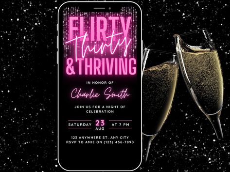 Flirty Thirty and Thriving 30th Birthday Invite Digital Invitation for her, Pink Black Glitz and Glam Elegant Birthday Invitation Template by WhimsicalThingsInc on Etsy Black Glitz And Glam, Thirty And Thriving, 30th Birthday Invite, Elegant Birthday Invitations, 30th Birthday Invitations, Elegant Birthday, Text Background, Facebook Event, Birthday Invitation Template